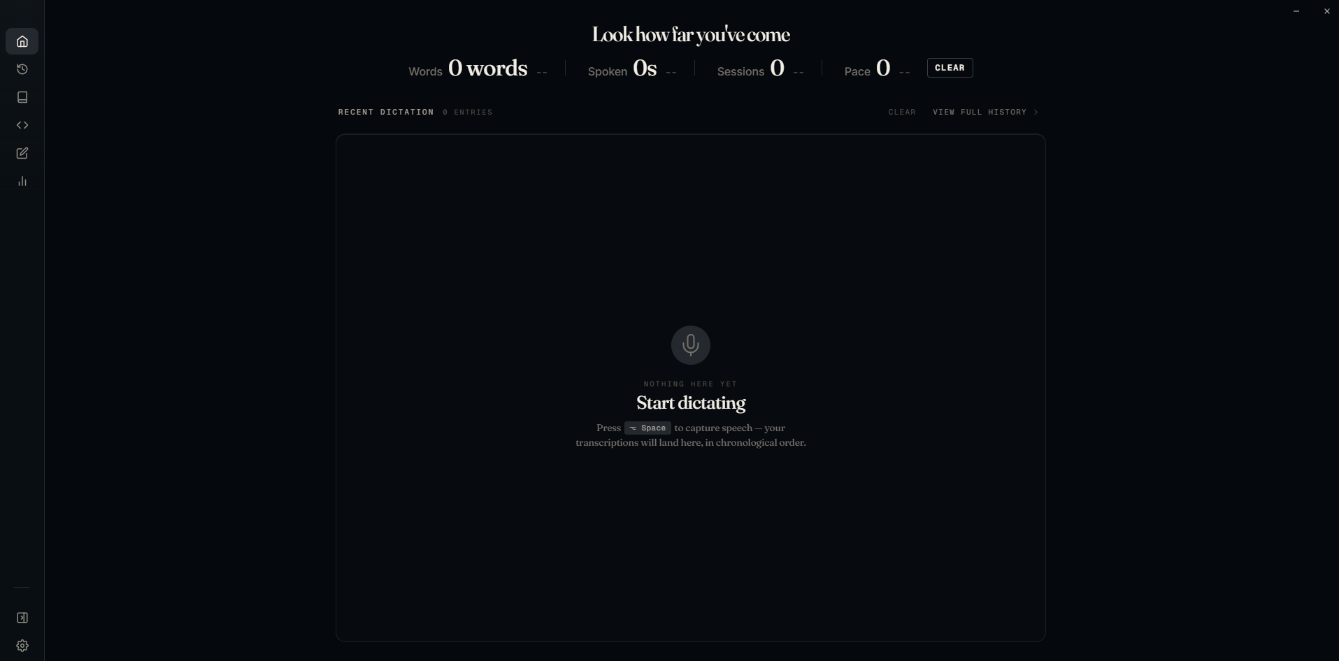 SlasshyWispr Overview page in dark Studio Console style, showing productivity metrics and the latest dictation transcript.